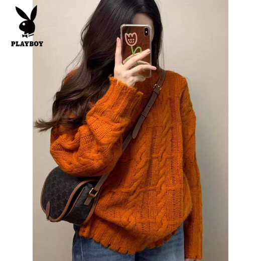 Playboy (PLAYBOY) French Retro Pumpkin Orange Twist Sweater Women's Autumn and Winter New Casual Soft Waxy Gentle Wind Lazy Knitted Top Women Orange S Recommended 80-95Jin Jin is equal to 0.5 kg