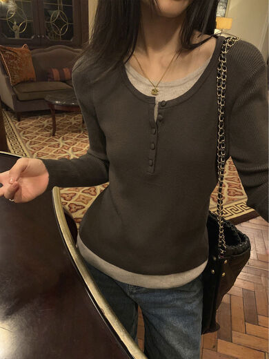 Pusumede fake two piece knitted sweater bottoming shirt for women spring and autumn design loose casual versatile single wear top coffee color ready stock S S