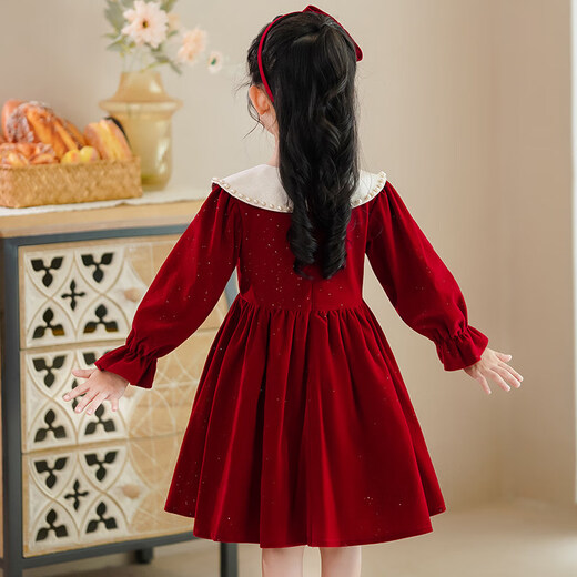 G.duck Girls Velvet Dress 2026 Spring and Autumn New Children's Birthday Princess Dress Baby Girl Clothes High-End Dress Dress Red Velvet Dress + Pearl Headband 120 cm