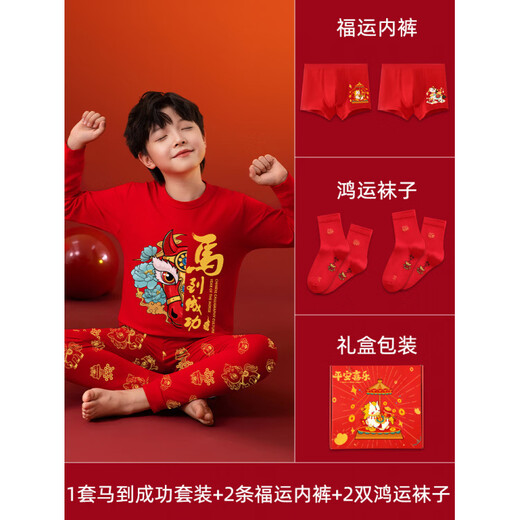 Hanqi 12-year-old boy's zodiac year clothes, children's red zodiac year underwear set, big children's autumn clothes and autumn trousers, Year of the Horse, immediate success gift box, Year of the Horse suit + 2 underwear + 2 socks 100 Recommended height 80-90cm