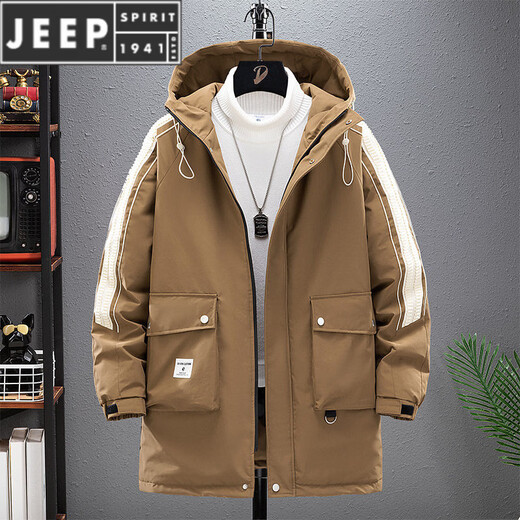 JEEP SPIRIT Workwear Down Jacket Men's Medium Long Winter Fat Plus Size Loose Hooded Jacket Plus Velvet Thickened Winter Clothes 2620 Olive Green L