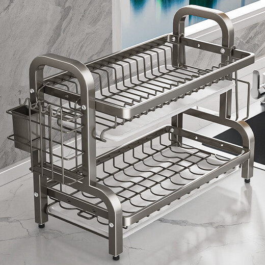 Fantasy Kitchen Dishes Storage Rack Multifunctional Storage Rack Household Stainless Steel Dish Rack Dish Drain Rack Tableware Storage Box Luxury Set Three Layers 43CM Gun Gray Chopstick Tube Knife Rack Chopping Board Rack)