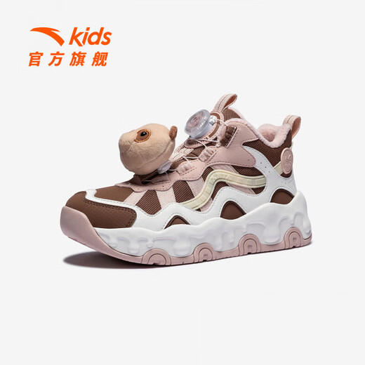 ANTA Children's Synthetic Leather Shoes for Girls and Big Kids 2025 Autumn and Winter New Brownie Velvet Warm Sports Shoes for Snow Chestnut Brown/Sea Pink/Ivory White-2 38