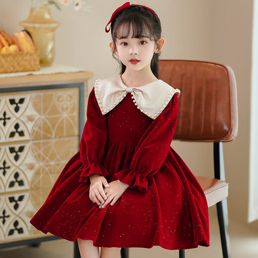 G.duck Girls Velvet Dress 2026 Spring and Autumn New Children's Birthday Princess Dress Baby Girl Clothes High-End Dress Dress Red Velvet Dress + Pearl Headband 120 cm