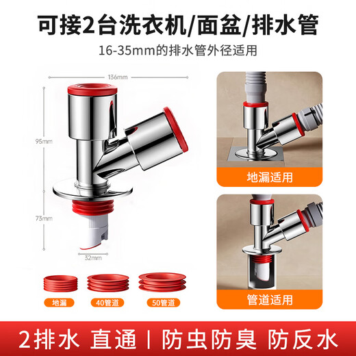 Jingmi's preferred washing machine drain floor drain joint deodorizing three-way two-in-one wash basin drainage pipe check valve anti-overflow artifact