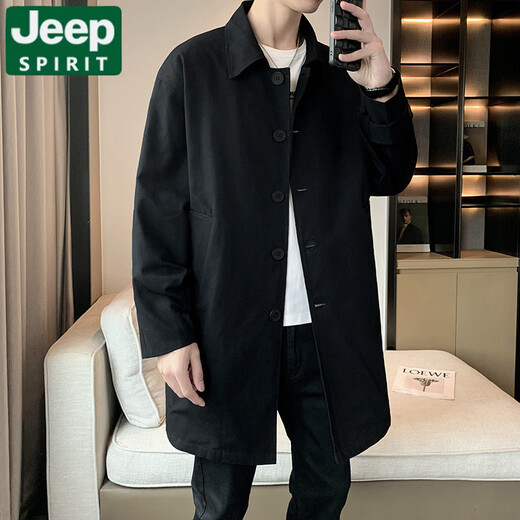 JEEP SPIRIT mid-length windbreaker jacket for men spring and autumn 2026 new lapel casual lapel jacket for men black jacket 2XL (185) weight 140-156Jin Jin is equal to 0.5 kg