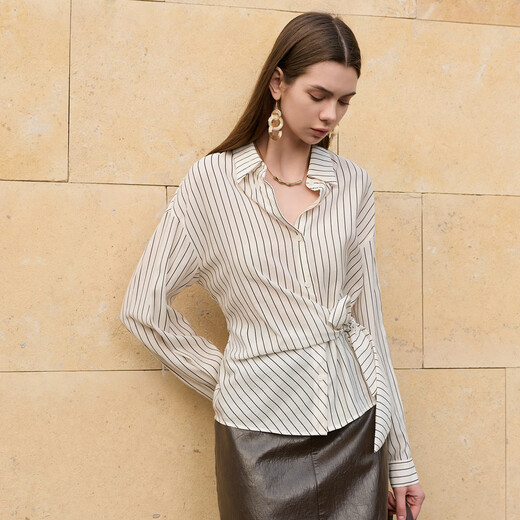 Sancai 2026 spring new long-sleeved striped shirt and small shirt for commuting design with waist for women