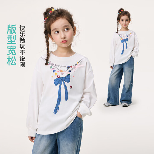 Xiaoyinman children's clothing girls' long-sleeved T-shirts with fun prints in the spring of 2026 for middle and older children and girls round neck casual tops off-white 120
