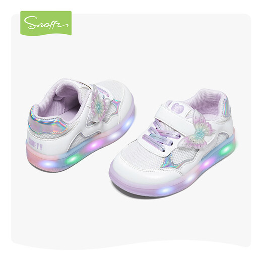 Snafy Flash Shoes Girls' Shoes Bow Children's Casual Shoes Spring Breathable Baby Indoor Shoes White 28