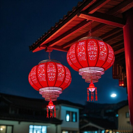 Xushansi New 2026 Antique Relief Rotating Sheepskin Red Lantern Lantern Outdoor Waterproof Balcony Courtyard Gate Decoration Rotation + Projection Round 60# More than enough every year One price