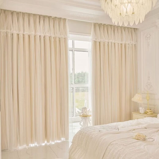 Fantasy double-layer blackout curtain cloth and gauze integrated princess style French milk tea color ins internet celebrity lace gauze hook-type finished product. Popular recommendation - gray cloth + gauze, free curtain head, Korean pleats, 3 meters open, 2.7 meters high (1.5*2.7 two pieces)