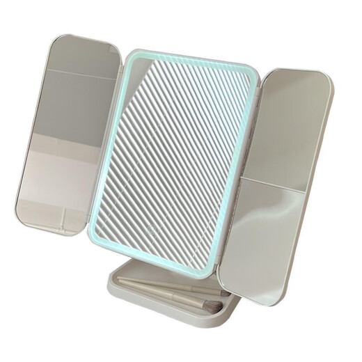 Cosmetic mirror dormitory LED desktop desktop storage box shell three-sided folding vanity mirror mirror magnification fill-in light HD ultra-high definition high battery life three-color adjustable large lamp beads-Pearl White