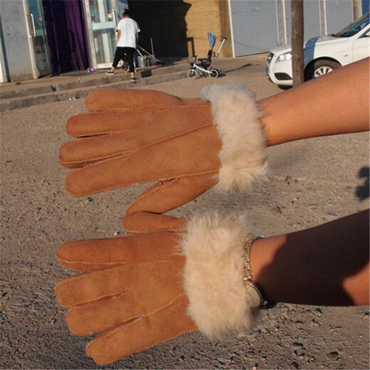Fantasy German imported high-quality suede leather gloves for men and women, outdoor men's five-finger shearling thickened style, one-piece fur, green outer cover + extra large sheepskin liner, standard fur (regardless of thickness)