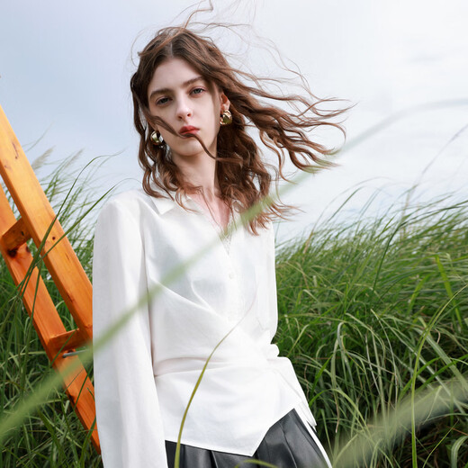 Sancai 2026 spring new lace splicing shirt deconstructed strappy shirt design for women Pearl White S 155/80A