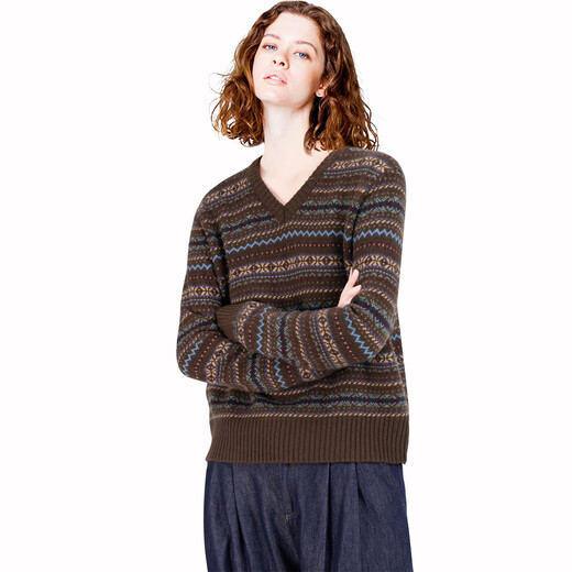 Charming 100% sheep wool loose retro knitted sweater for women 2025 winter V-neck pullover Fair Isle sweater, color L