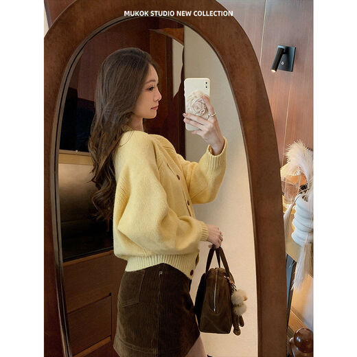 MUKOK raglan sleeve soft waxy sweater, high-end autumn and winter new style, versatile and versatile knitted cardigan, beige S