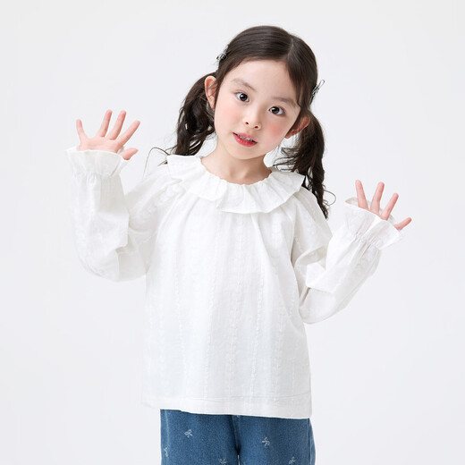 Xiaoyinman children's clothing girls pure cotton shirt lace round neck 26 spring new style sweet casual top for small and medium-sized children and girls off-white 105