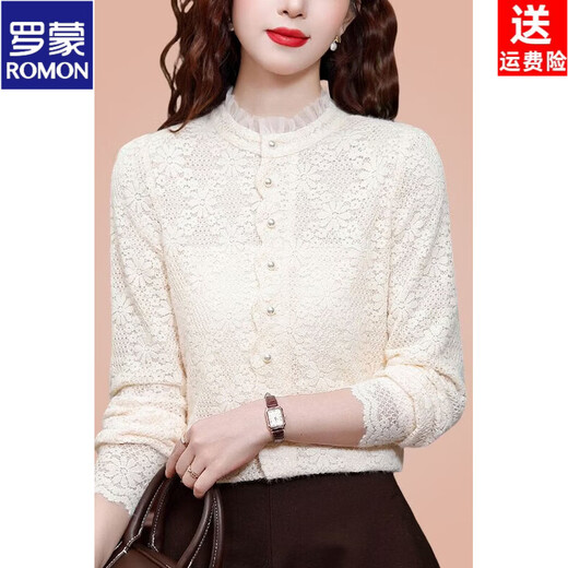 ROMON velvet thickened jacquard stretch lace bottoming shirt for women autumn and winter new fashion stand-up collar warm shirt slim and slim apricot regular non-velvet style 3XL recommended 139-150Jin Jin equals 0.5 kg