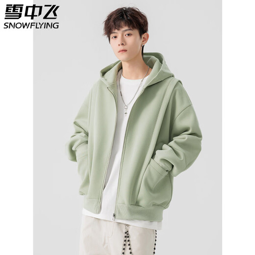 Snow Flying (SNOWFLYING) green cardigan sweatshirt for men spring and autumn 2026 new American trendy brand loose couple style heavy hooded jacket black L suitable for 110~130Jin Jin equals 0.5 kg