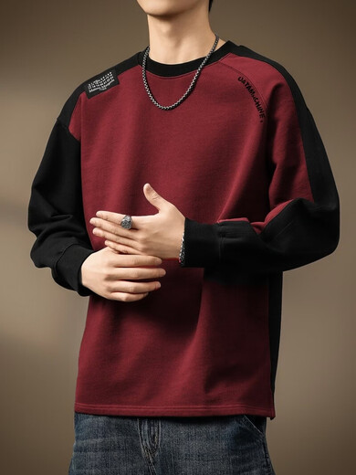 Noble color high-end heavyweight spliced long-sleeved T-shirt for men in spring and autumn pure cotton American bottoming top loose sweatshirt burgundy plus velvet 2XL suitable for 160-180Jin Jin equals 0.5 kg