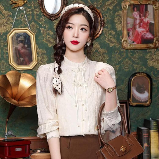 Playboy (PLAYBOY) new Chinese style long-sleeved chiffon shirt for women spring 2026 early spring new national style retro buttoned shirt versatile top official flagship picture color L
