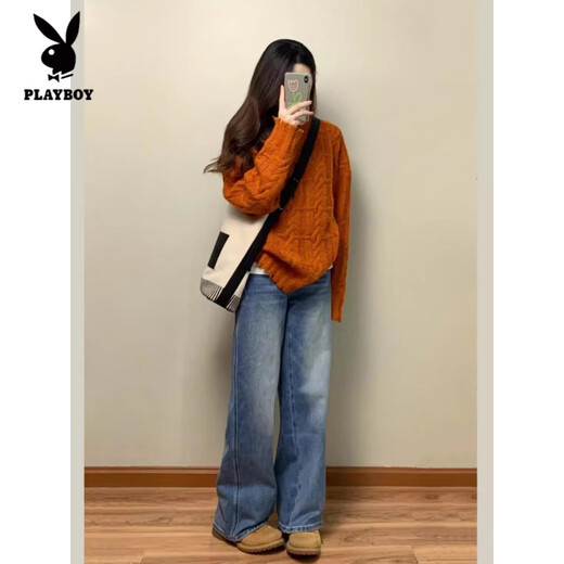 Playboy (PLAYBOY) French Retro Pumpkin Orange Twist Sweater Women's Autumn and Winter New Casual Soft Waxy Gentle Wind Lazy Knitted Top Women Orange S Recommended 80-95Jin Jin is equal to 0.5 kg