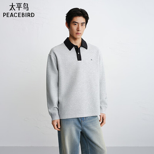 PEACEBIRD Men's Shopping Mall Sweatshirt 26 Spring New Contrast Color Lapel Top B1CRG1228 Alloy Gray 1 3XL