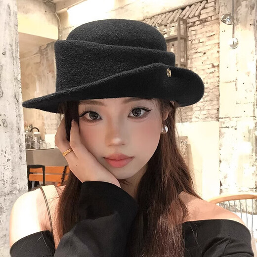 Time Bird Top Hat Women's Hepburn Style Hat Black Thousand Gold Style Autumn and Winter French Elegant Face Revealing Small Curly Woolen Fisherman Hat Black Head Circumference 56-58cm