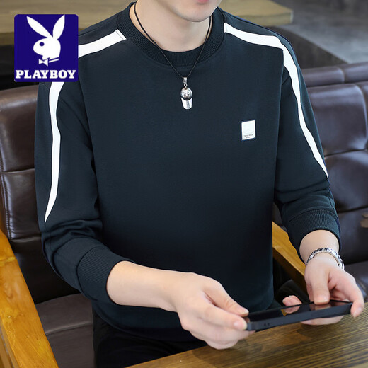 Playboy (PLAYBOY) Spring and Autumn Spliced Striped Sweater Men's T-shirt Long Sleeve Round Neck Pullover T-shirt Youth Casual Bottoming Shirt Men Red M 100--120