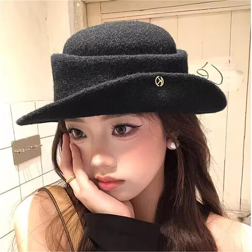 Time Bird Top Hat Women's Hepburn Style Hat Black Thousand Gold Style Autumn and Winter French Elegant Face Revealing Small Curly Woolen Fisherman Hat Black Head Circumference 56-58cm