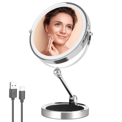 Smart makeup mirror rechargeable desktop double-sided LED magnifying mirror with light folding desktop mirror makeup mirror beauty mirror 8 inches - chrome color - 5 times magnification - ordinary model_cannot be folded