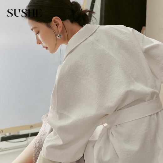 SUSHE Japanese luxury style lace splicing fake two-piece V-neck white suit shirt top for women, white S