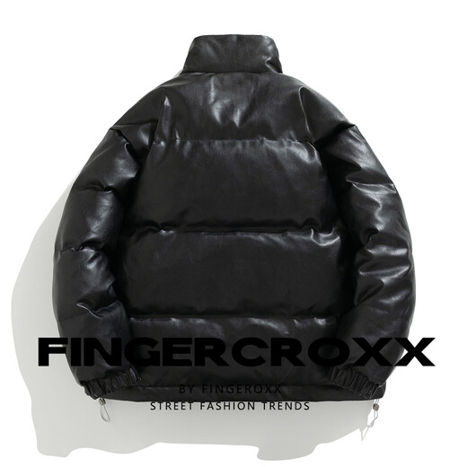Fingercroxx it versatile black pu leather down jacket men's winter new American loose casual retro trendy brand warm jacket black counter same style L (120-140Jin Jin equals 0.5 kg)