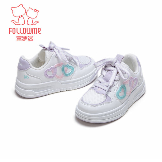 Fuluomi girls sneakers spring new sweet and stylish casual shoes for primary school students mesh breathable sneakers white/purple 29
