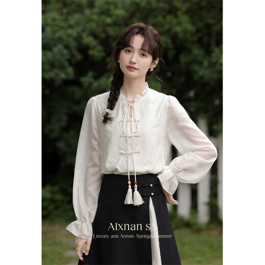 Lu Xiangnan New Chinese Style Long Sleeve Shirt Women's 2026 Spring New Design National Style Top Apricot Shirt S
