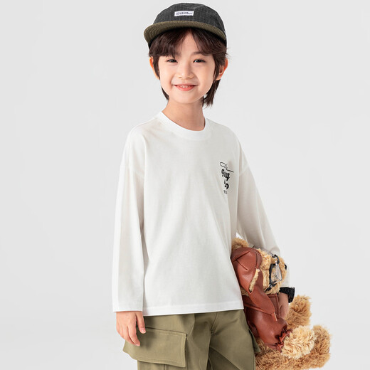 Duojia Class A Standard Children's T-shirt Spring and Autumn Adventure Bear Fun Long Sleeve Boys Casual Cotton Breathable Top Fashion White 110