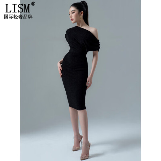 LISM designer international light luxury brand asymmetric off-shoulder sexy sparkling silk black elegant hip-hugging dress skirt black S