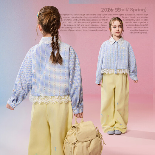 ASK JUNIOR children's shirt 2026 spring new arrival medium and large children's lace splicing plaid long-sleeved jacket girls fashion tops blue and white plaid 110