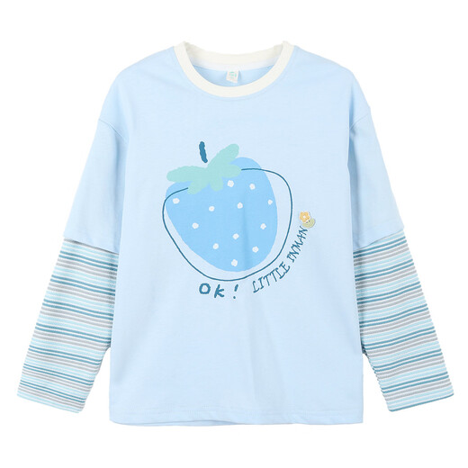 Xiaoyinman children's clothing girls' pure cotton long-sleeved T-shirt with fruit print 26 spring medium and large children's round neck casual top light blue 140