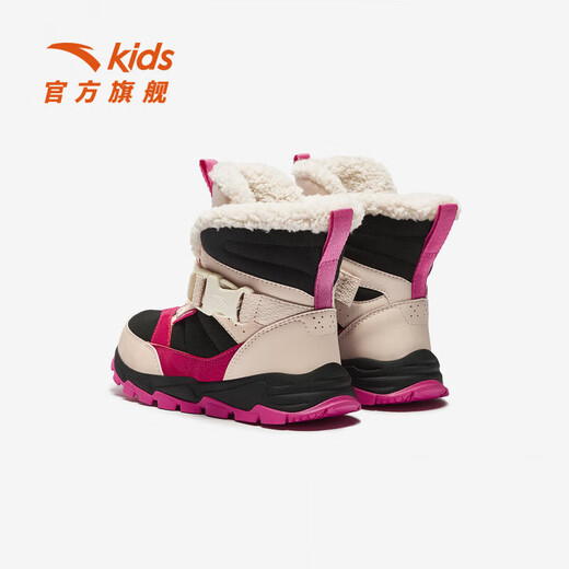 ANTA Children's Synthetic Leather Shoes Girls' Shoes 2025 Winter New Product Leather Water-Repellent Water-Repellent Plus Velvet Warm Snow Boots Black/Fan Pink-3 28