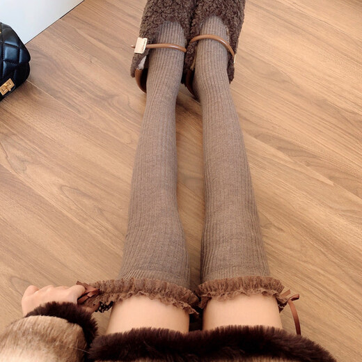 Perfect autumn and winter plus velvet milk white over-the-knee socks for women, warm high wool lace stockings, milky white wool lace high socks, one size fits all