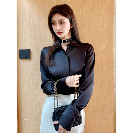 Playboy (PLAYBOY) black polo collar long-sleeved shirt for women early spring new temperament casual shirt unique chic top official flagship black S 80-95Jin Jin is equal to 0.5 kg