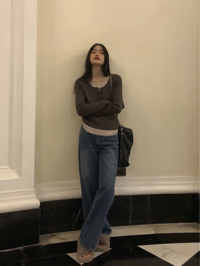 Pusumede fake two piece knitted sweater bottoming shirt for women spring and autumn design loose casual versatile single wear top coffee color ready stock S S