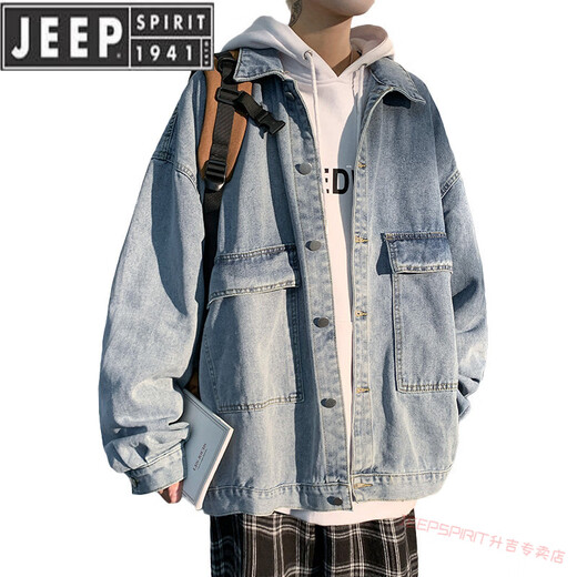 JEEP SPIRIT high-end brand American men's denim jacket plus velvet thickened casual work jacket for spring, autumn and winter dark blue B XL