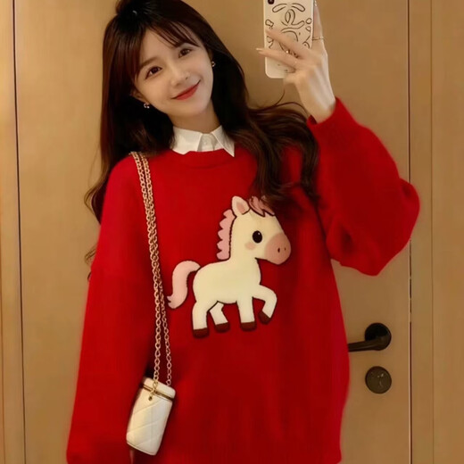 Mrdiane wei sweater women's sweater Year of the Horse festive bottoming shirt warm animal year tops Year of the Horse red one size