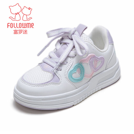 Fuluomi girls sneakers spring new sweet and stylish casual shoes for primary school students mesh breathable sneakers white/purple 29