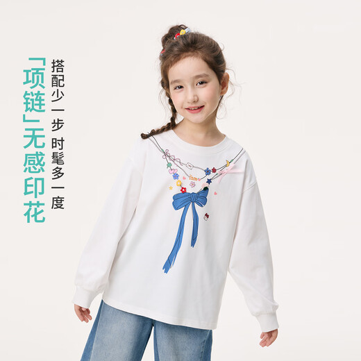 Xiaoyinman children's clothing girls' long-sleeved T-shirts with fun prints in the spring of 2026 for middle and older children and girls round neck casual tops off-white 120
