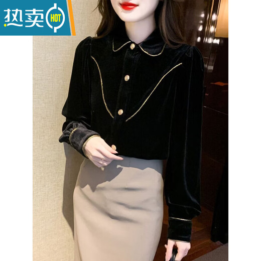 Xia Dian Suding Queen (SE.PSTP) high-end gold velvet doll collar plus velvet shirt for women autumn and winter 2025 new style temperament inner top bottoming shirt black M 95-105Jin Jin is equal to 0.5 kg