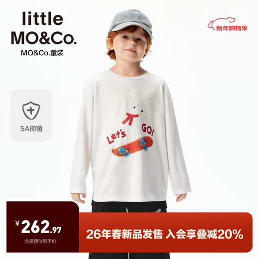 Little MO&Co.5A antibacterial pure cotton little moco children's clothing 26 spring new style for boys and girls original rabbit printed long-sleeved T-shirt, white, antibacterial 160 160/76