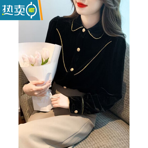 Xia Dian Suding Queen (SE.PSTP) high-end gold velvet doll collar plus velvet shirt for women autumn and winter 2025 new style temperament inner top bottoming shirt black M 95-105Jin Jin is equal to 0.5 kg